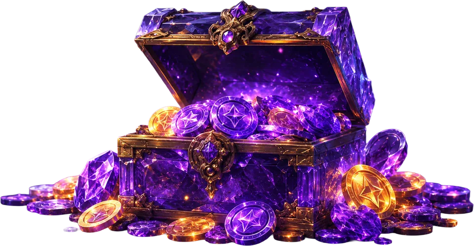 Crystal treasure chest spilling glowing mana coins and gold discs