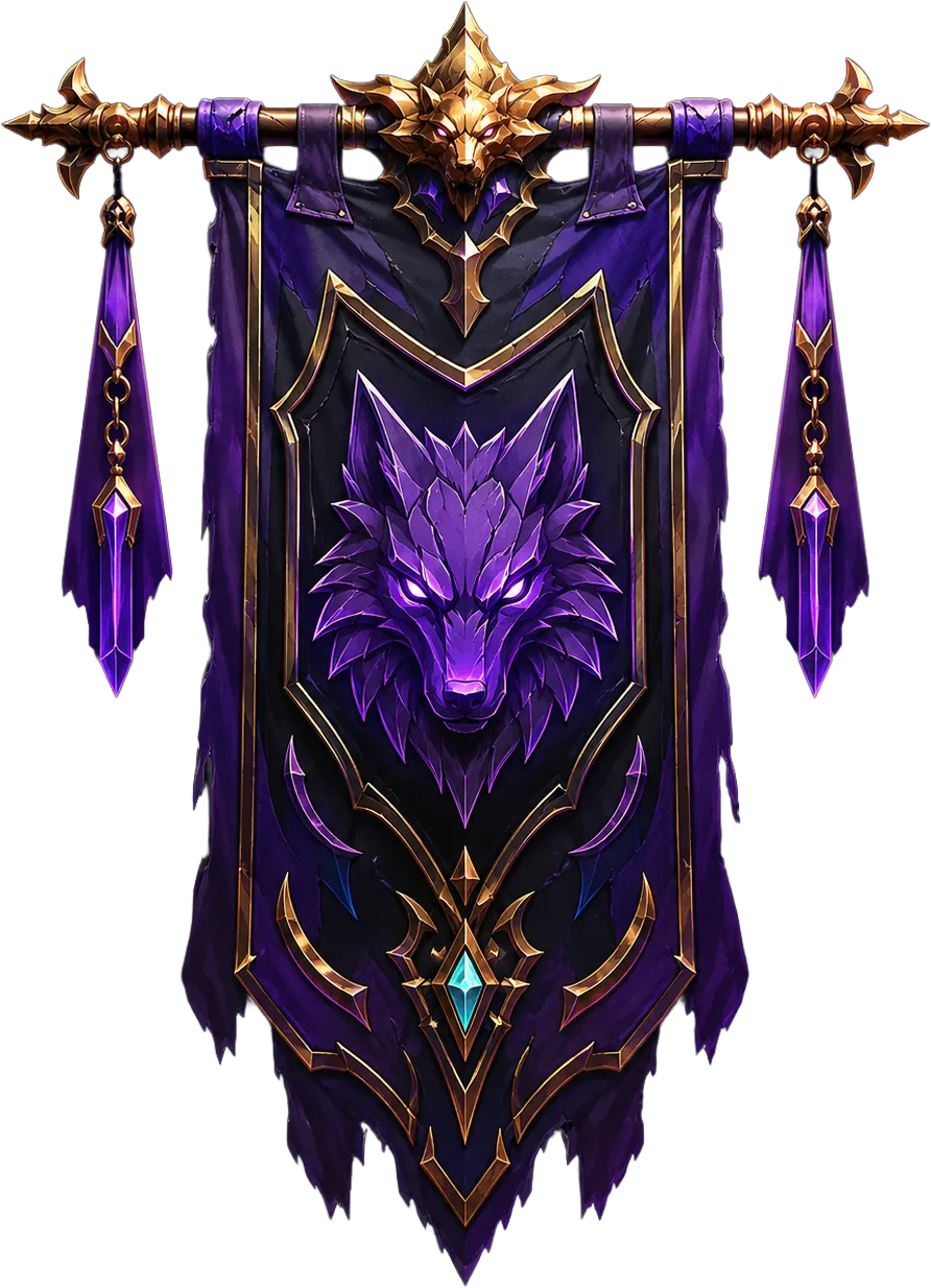 Fantasy guild crest banner with violet wolf emblem