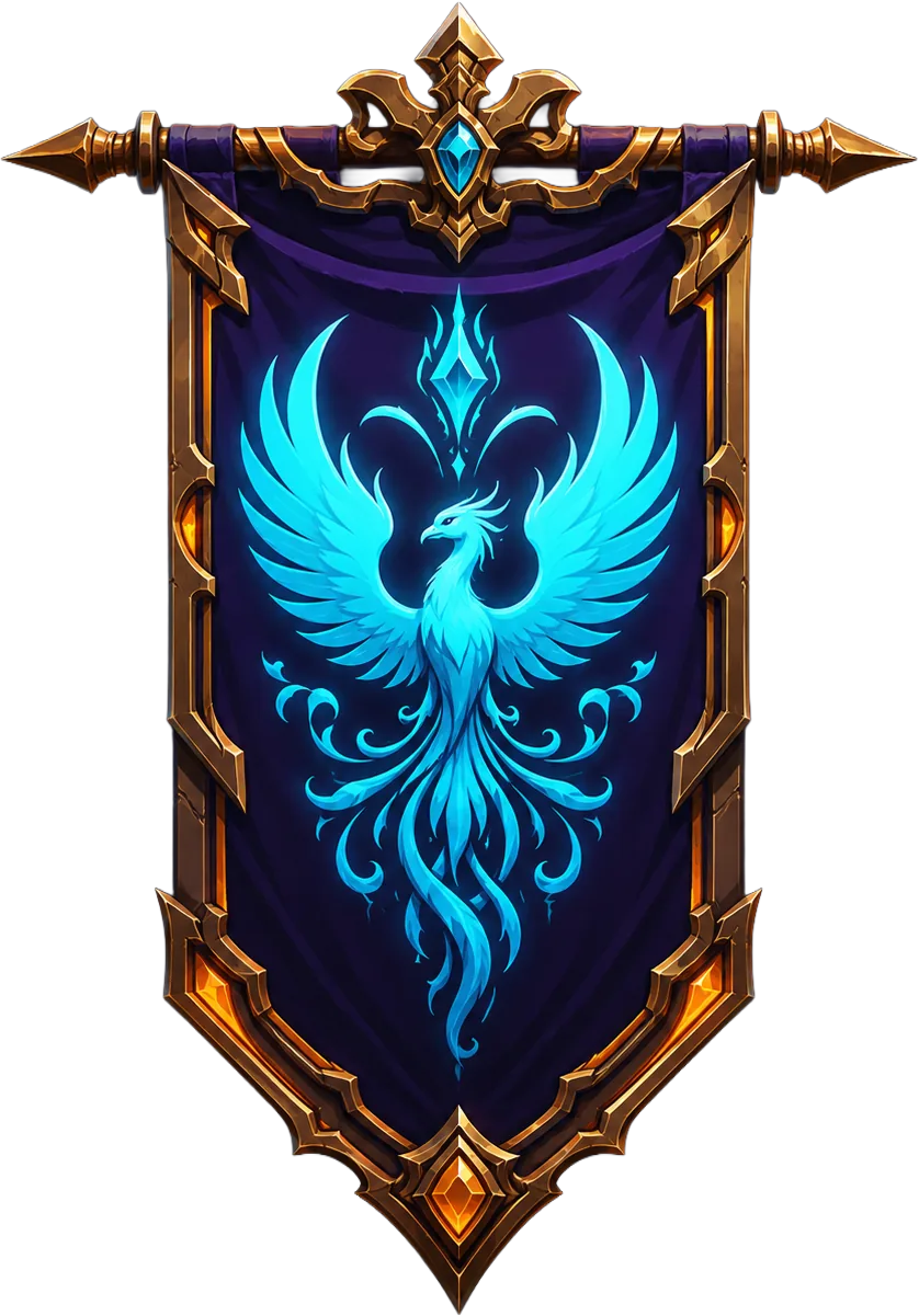 Fantasy guild crest banner with cyan phoenix emblem
