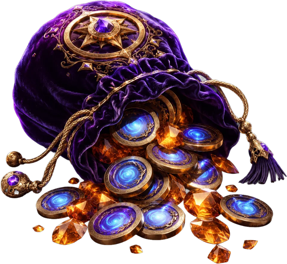 Velvet prize pouch spilling mana coins and gems