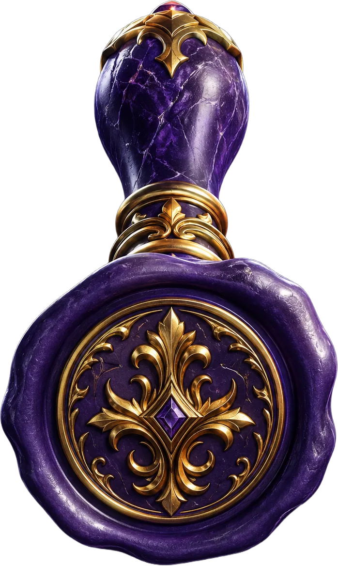 Purple wax approval seal with gold crest