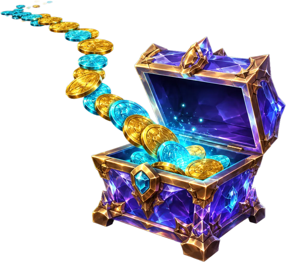 Trail of gold and cyan coins into a crystal chest