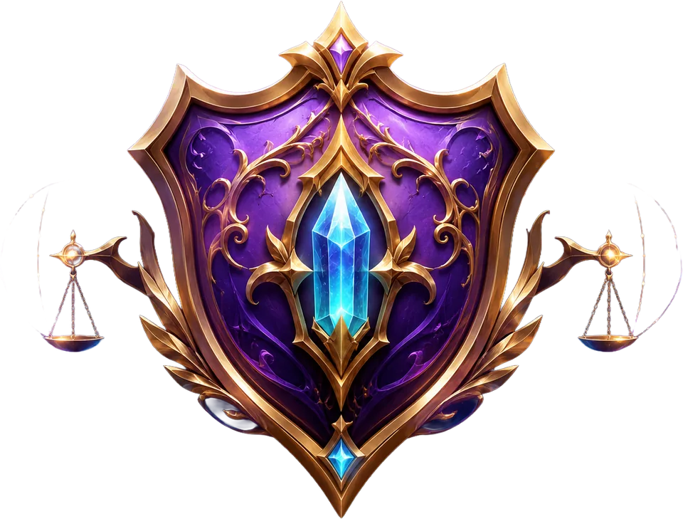Ornate violet shield with gold rim and cyan crystal core
