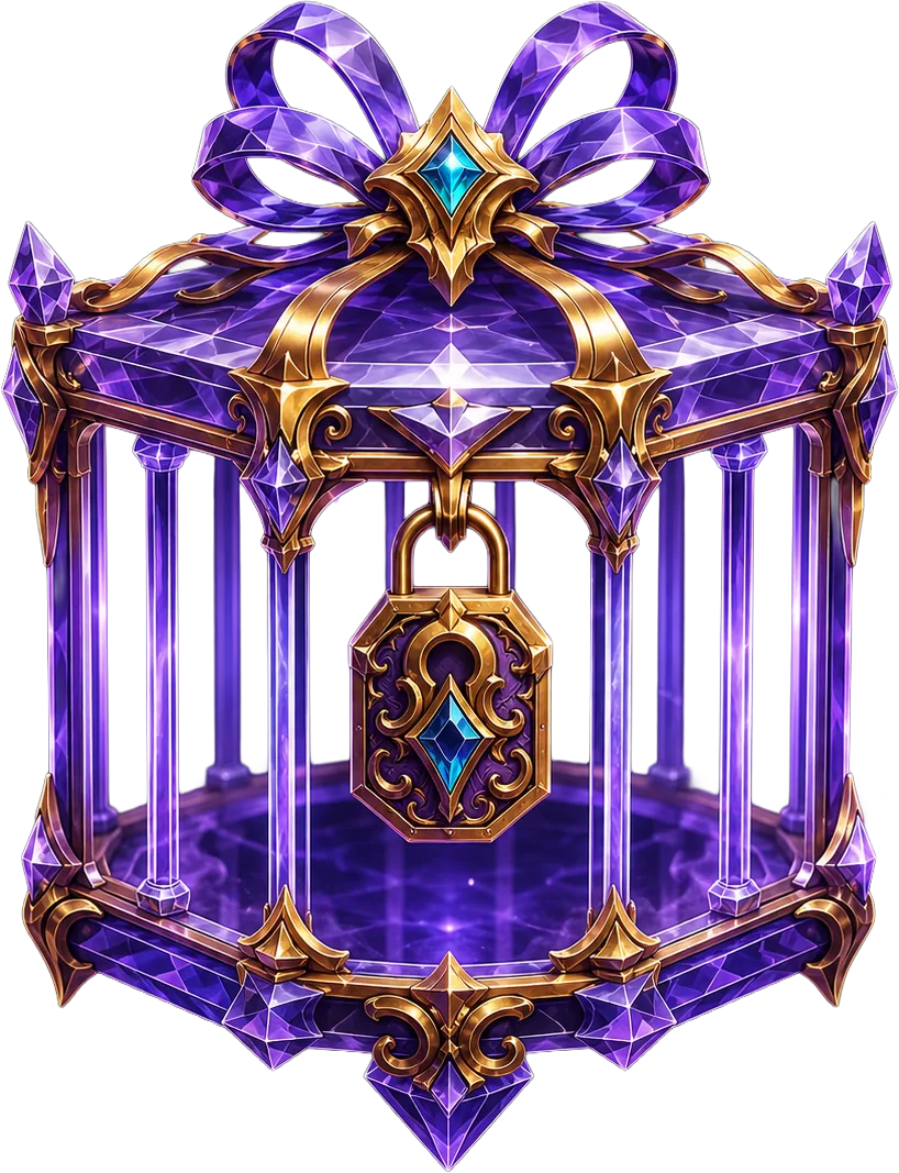 Locked crystal gift cage with faint violet glow