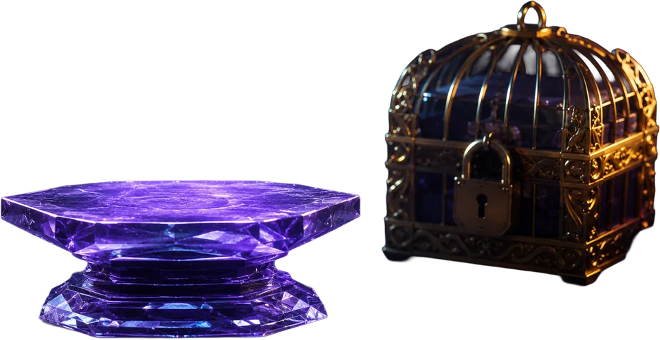Empty crystal pedestal with a locked treasure cage and faint glow