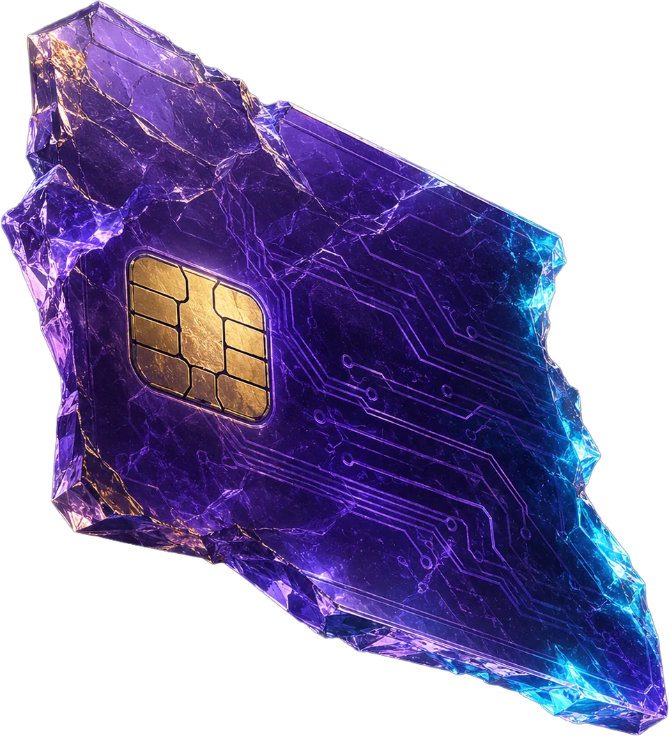 Translucent violet payment card shard with gold chip