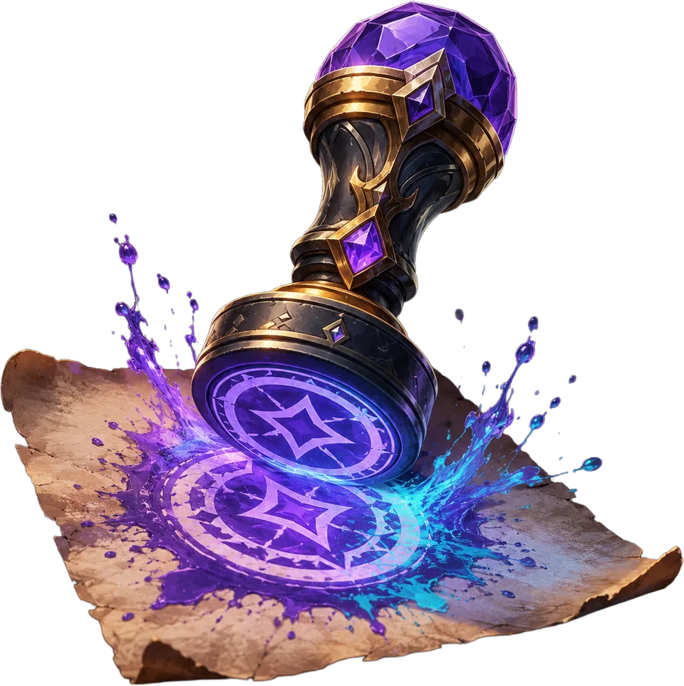 Glowing rune stamp seal with purple magic ink