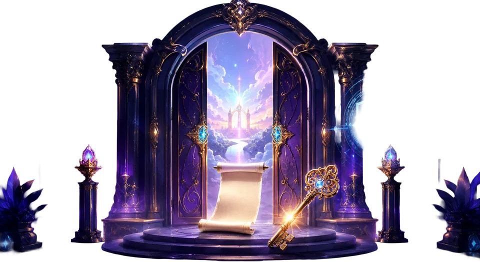 Ornate portal gate with a signup scroll and key of light