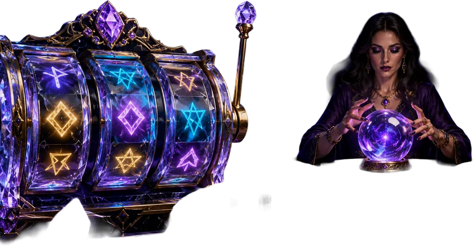 Crystal slot reels beside a glowing live-dealer orb and table